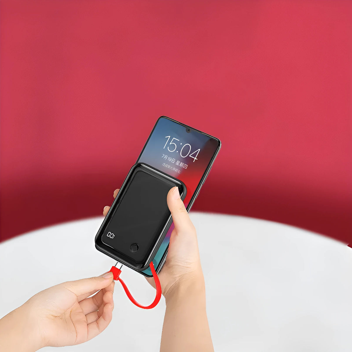Small square 10000mAh power bank with digital display, built-in cable, black or red, 100*65*24mm