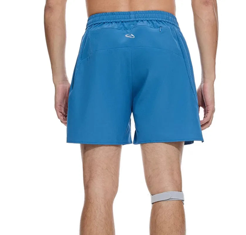 Black and blue four-point stretch running shorts with laser punching stitching on a mannequin.