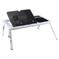 White folding ABS laptop desk with adjustable legs tilting baseplate on bed, folded size 285x316x36mm