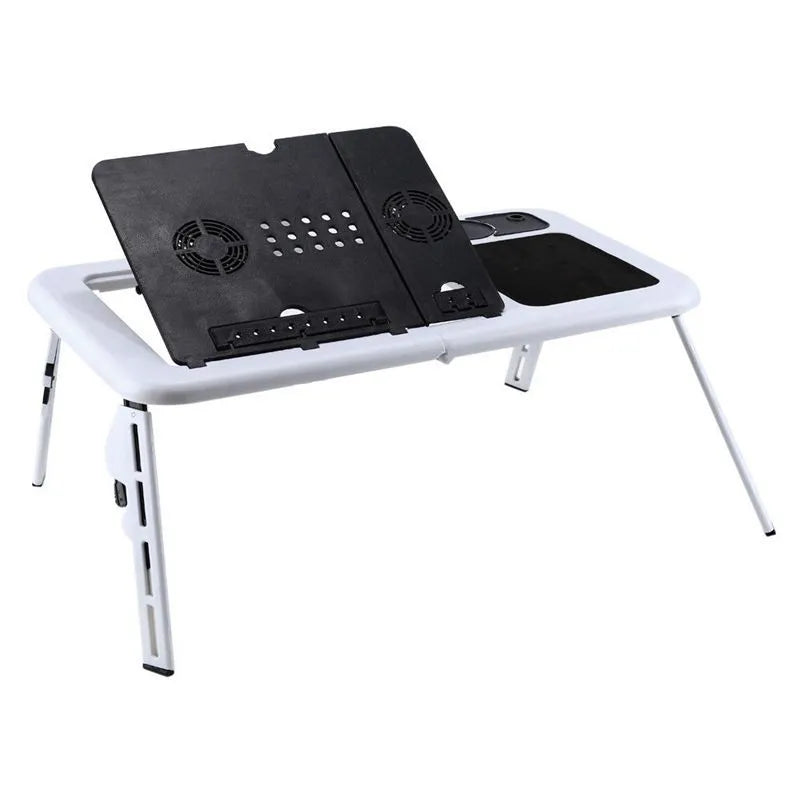 White folding ABS laptop desk with adjustable legs tilting baseplate on bed, folded size 285x316x36mm