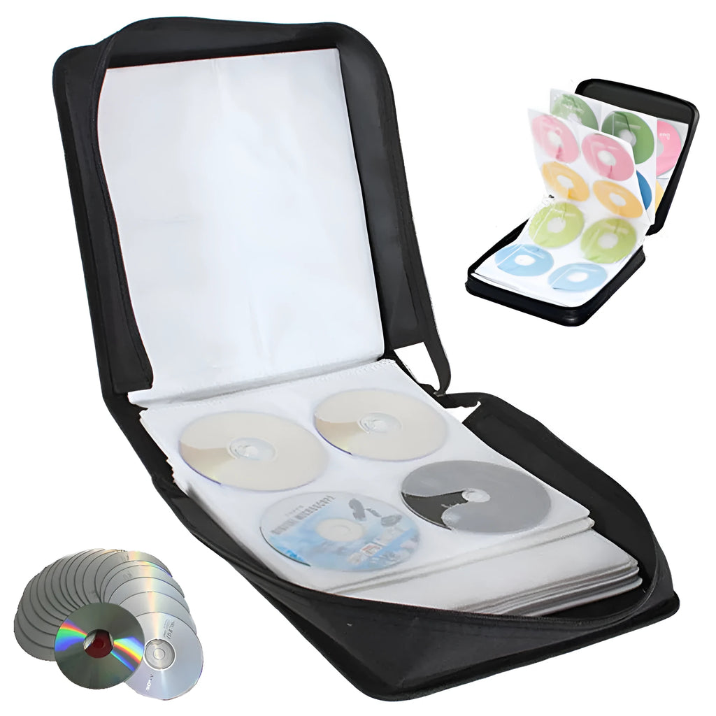 Black Oxford fabric CD DVD storage binder with zipper and top hand strap open to show disc sleeves.