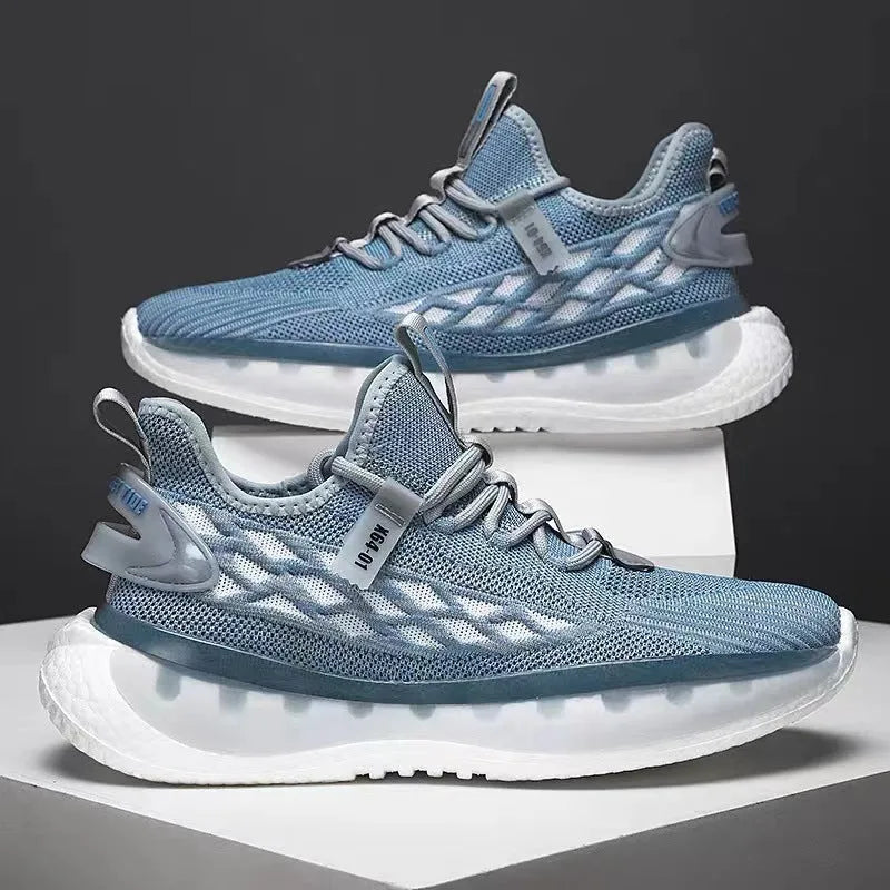 Men's white mesh platform sneakers with flat rubber sole and lace-up design