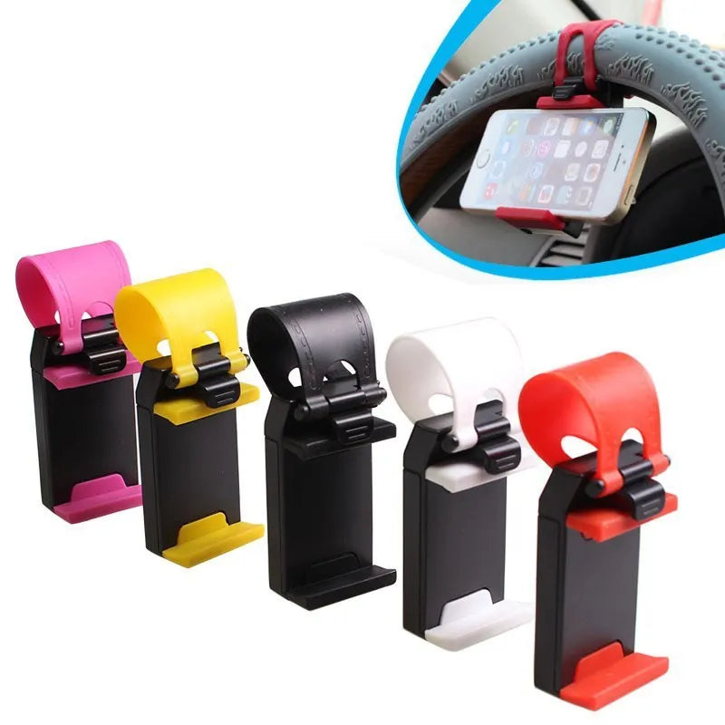 Black universal steering wheel phone clip mount holder showing phone compatibility.