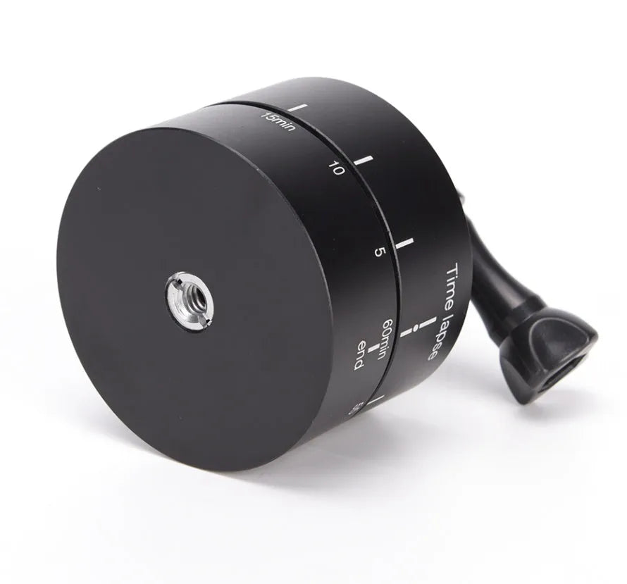 Lapse 360-degree auto rotate motorised camera tripod head on a tripod.