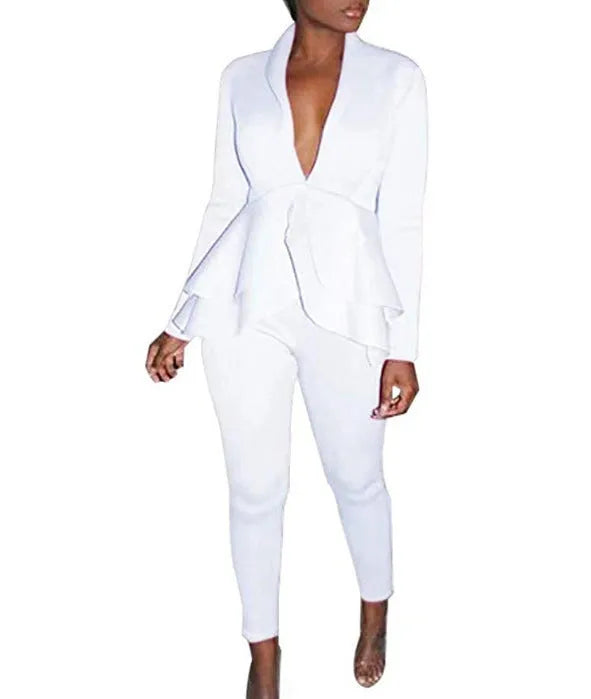 Business casual shirt and pencil pants set in polyester fabric on a hanger.