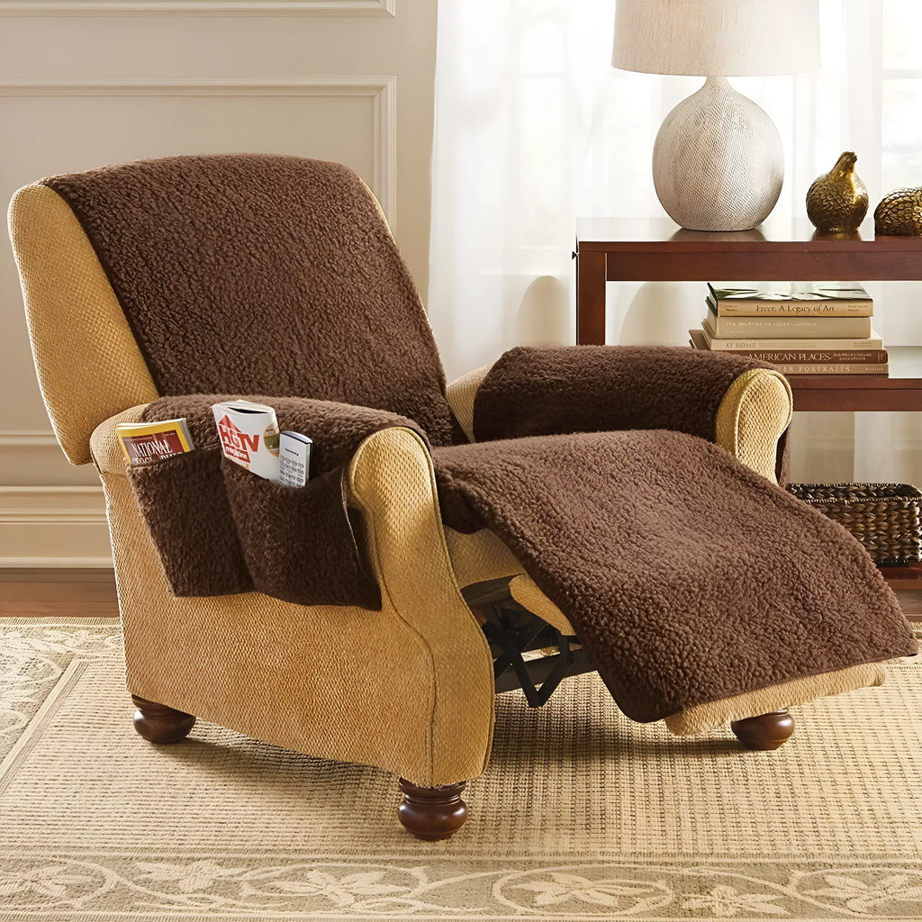 Lamb wool coloured polyester sofa cushion cover shown on a seat, with size options for 55cm, 64cm, and 71cm widths.