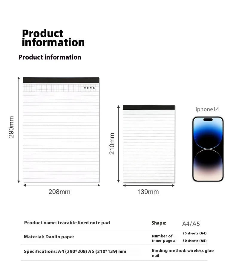 A4 tearable notebook with grid-lined paper and adhesive binding, shown in A4 and A5 sizes