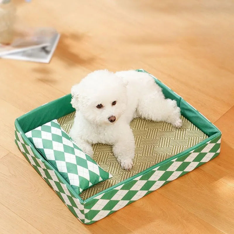 Blue rattan cat mat with removable cover serving as a litter mat and pet bed.