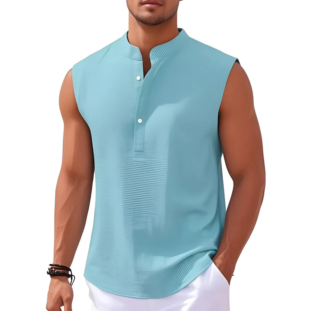 Men's stand collar sleeveless vest shirt with jacquard stripe pattern and round hem, polyester, S-XXXL