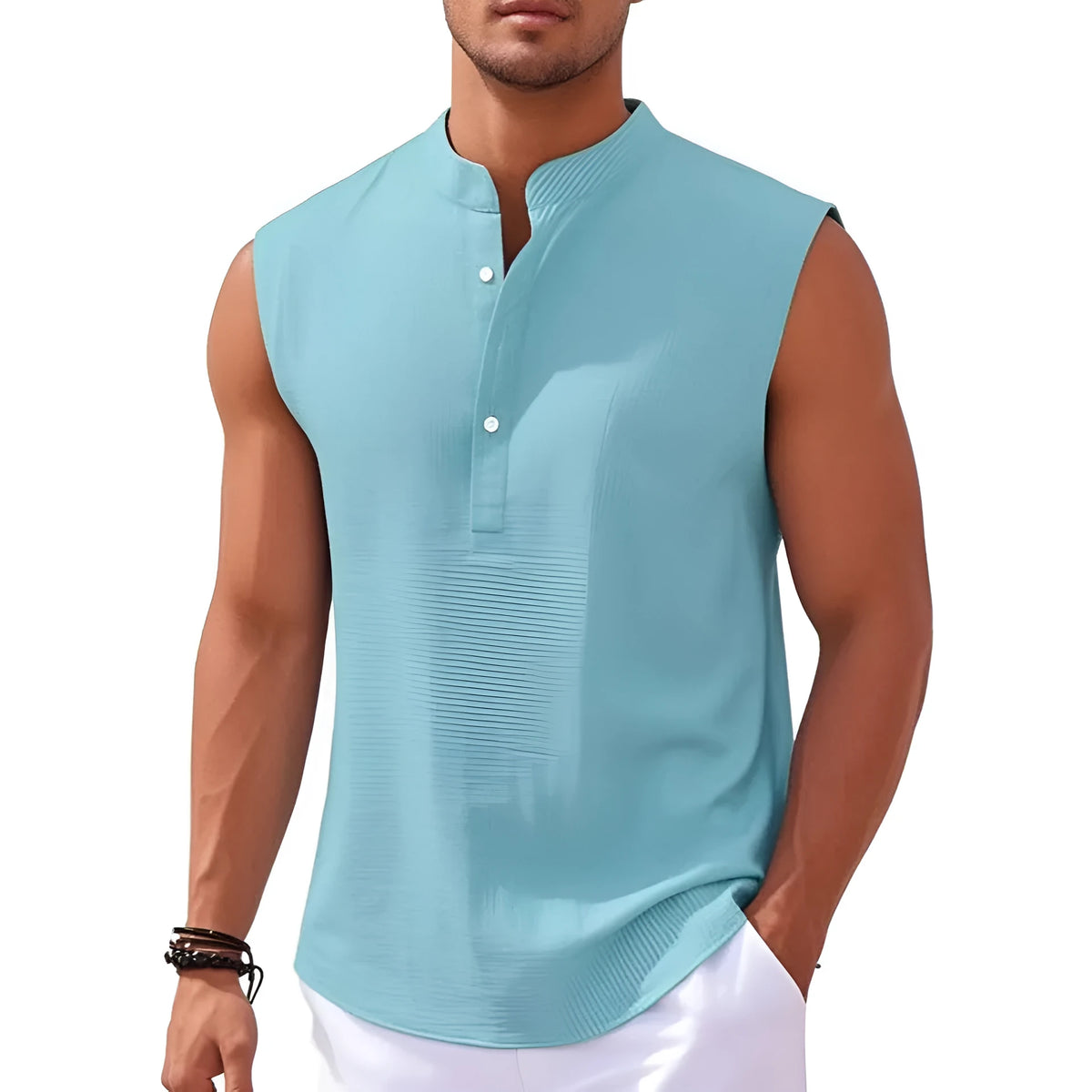 Men's stand collar sleeveless vest shirt with jacquard stripe pattern and round hem, polyester, S-XXXL