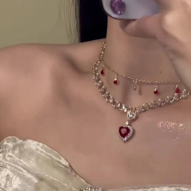 Red Love Pearl double layer twin necklace with heart pendant and electroplated alloy chain