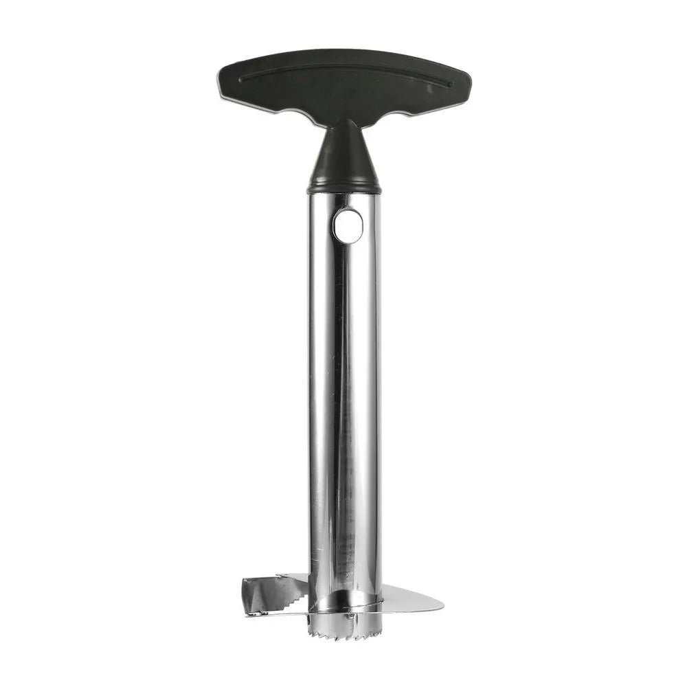Stainless steel pineapple peeler with ergonomic handle and sawtooth blade on a countertop