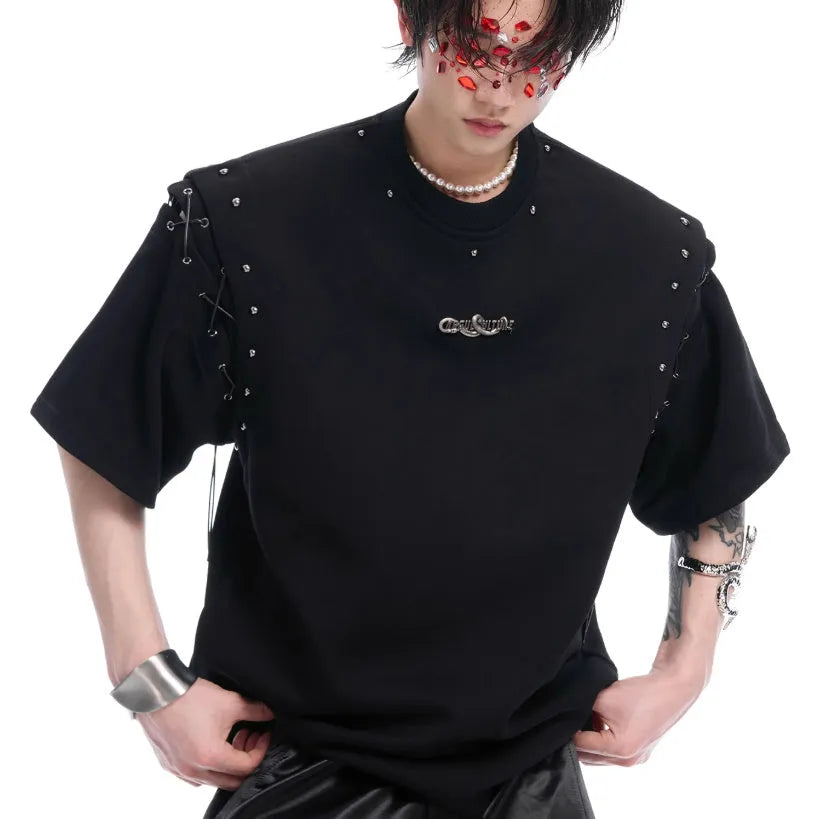Women's black short sleeve T-shirt with deconstructed lace-up cutout detail on front
