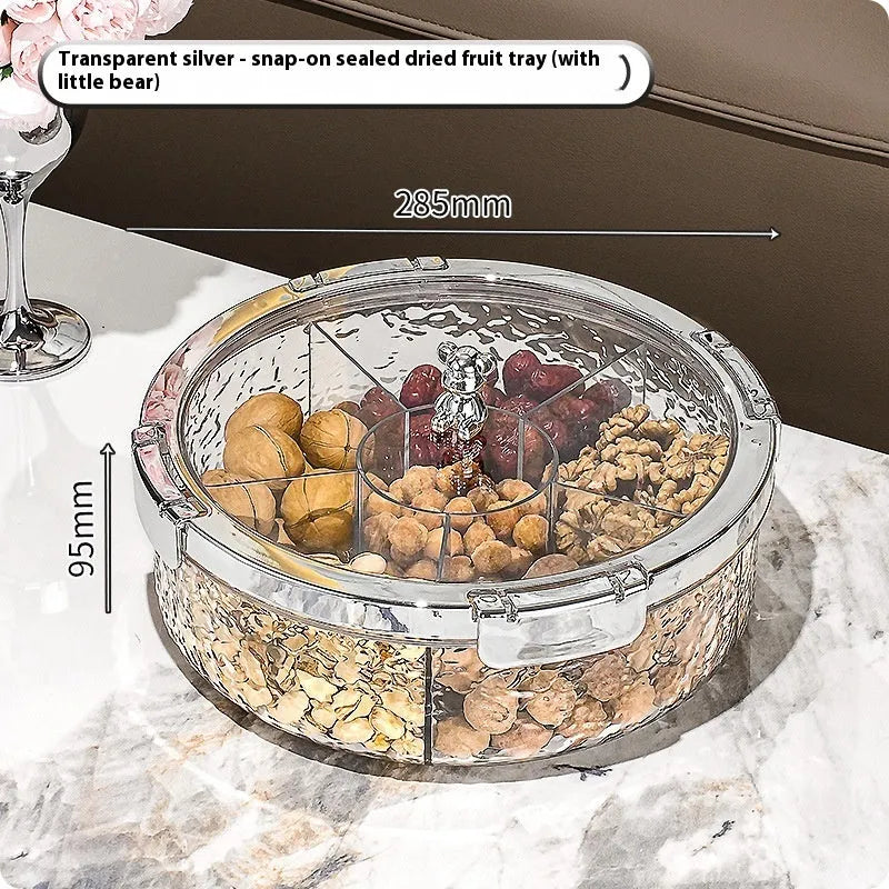 Sealed plastic candy box with lid for dried fruit and nuts, shown in milk silver or transparent grey silver