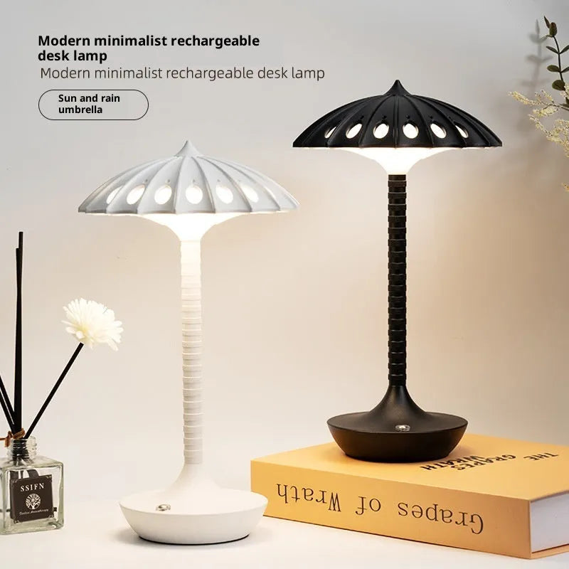 Black touch atmosphere small table lamp with warm 3000K light, geometric 3D cartoon style on bedside table