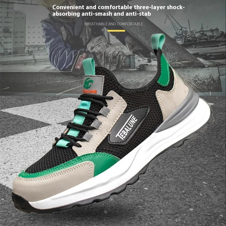 Black green low-cut safety shoes with mesh panels and plastic steel toe caps