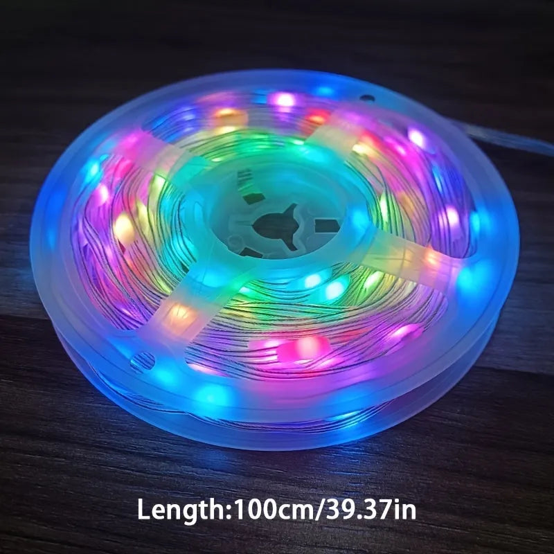 10 metre long LED light string with 100 multi-colour bulbs draped in decorative pattern