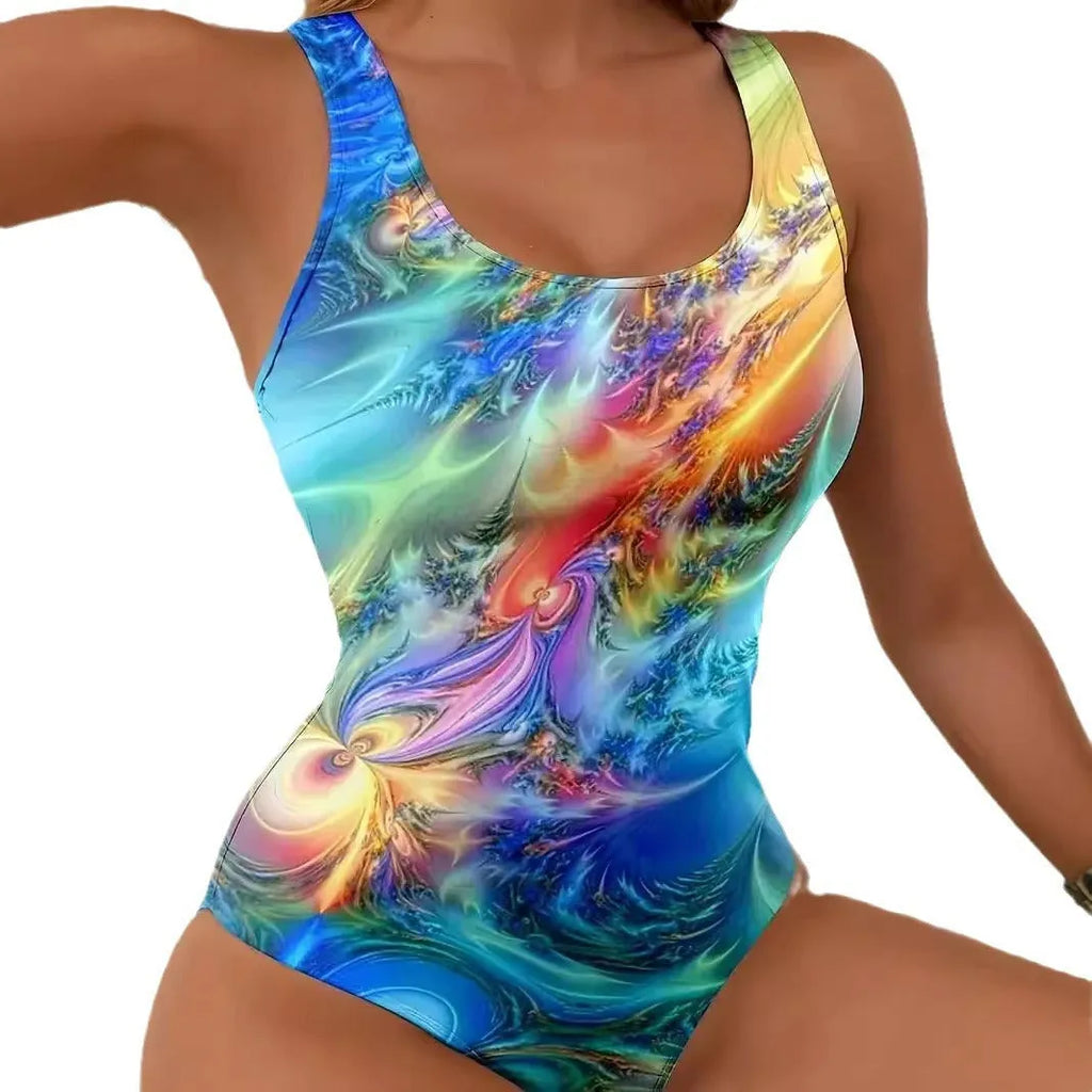 One-piece swimsuit with 3D stereo print, high-waist suspender skirt, sleeveless sling style, sizes S to 3XL