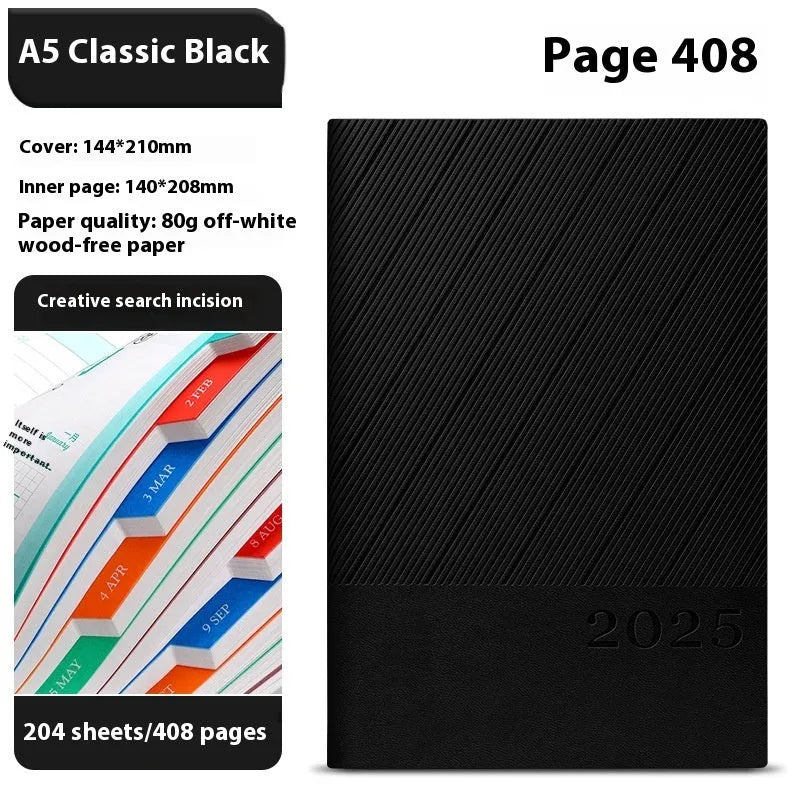 Executive A5 business notepad with striped PU leather cover open showing 80g wood-free paper