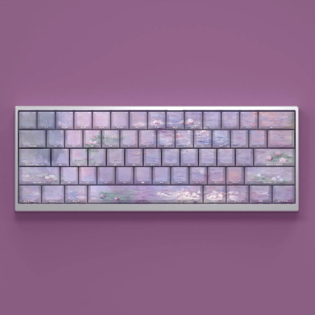 Wenshao Sleeping Lotus PBT keycap set with 130 keys showing side-engraved light transmission design.