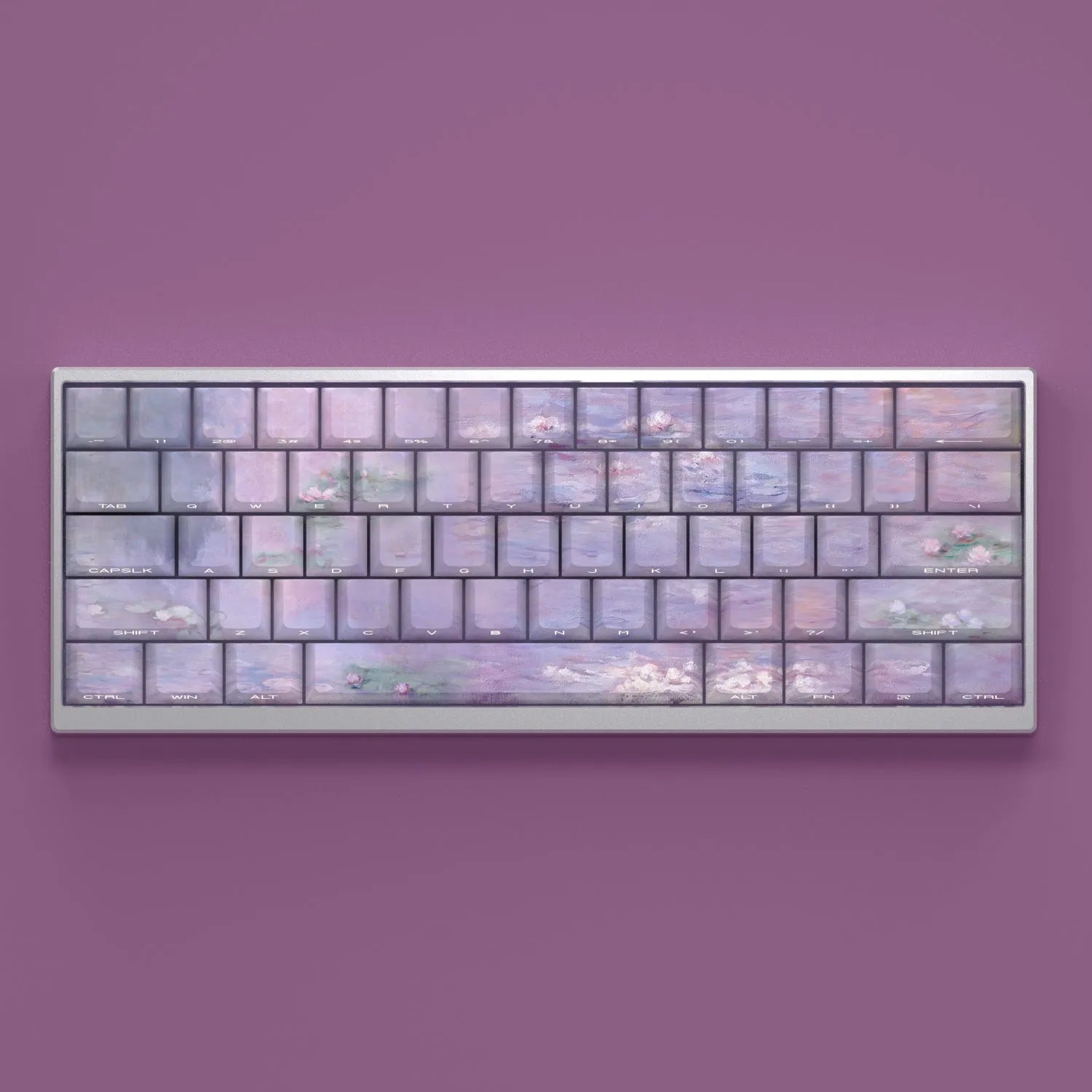 Wenshao Sleeping Lotus PBT keycap set with 130 keys showing side-engraved light transmission design.