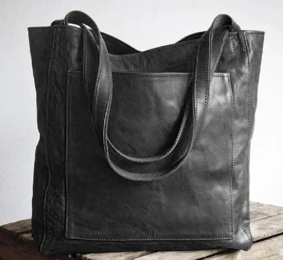 Women's PU leather portable shoulder bag with outer pocket in brown vintage style