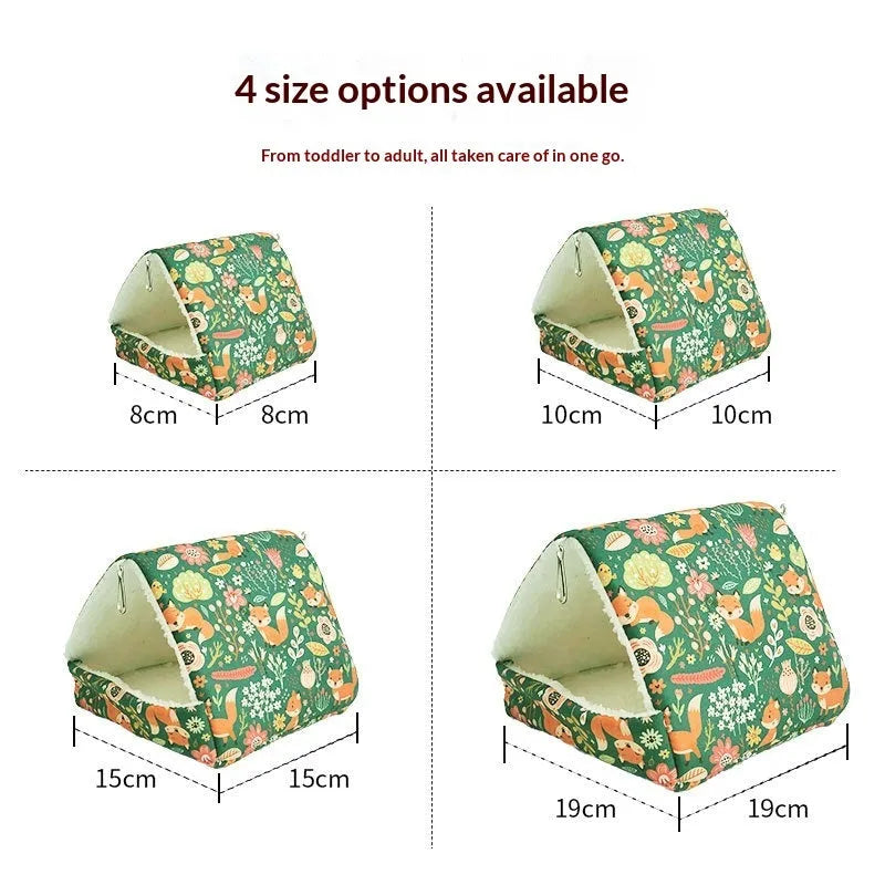 Warm small pet house in peach skin sponge for rabbits, guinea pigs, and hamsters, available in four sizes and ten colours