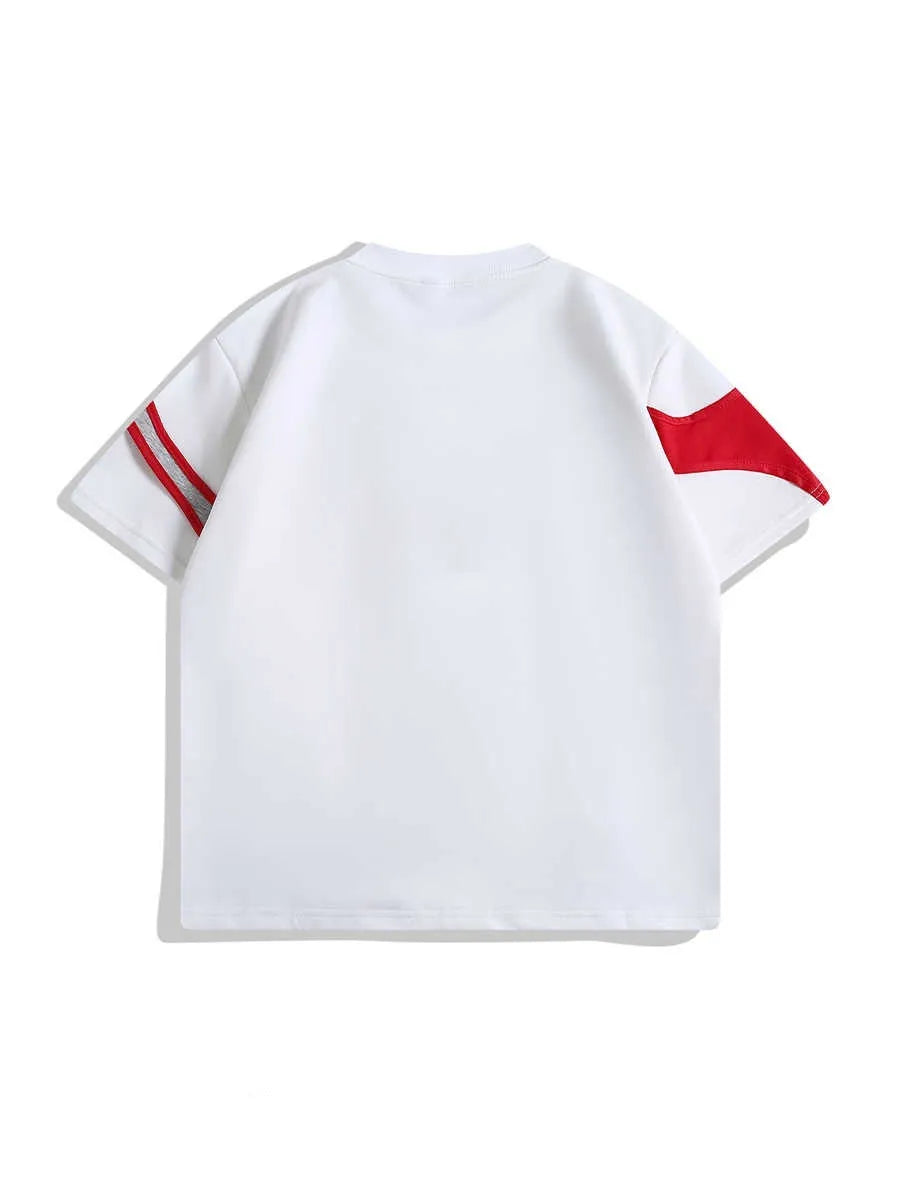 Black loose-fit short sleeve T-shirt showing double stitching detail on padded shoulder strap