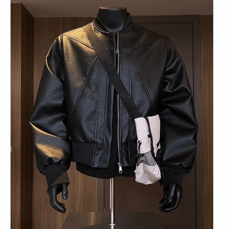 Black extended-length tight-fit PU leather jacket for men on a hanger.