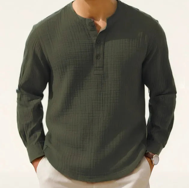 Long sleeve linen blend shirt with round neck and 3/4 sleeves in Army Green colour