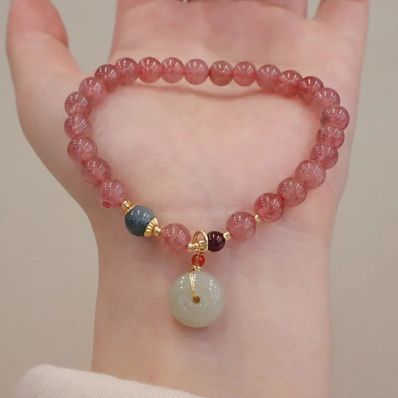 Geometric strawberry quartz women's bracelet with peace buckle and lucky bag decoration