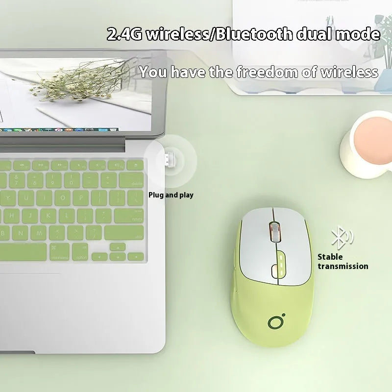 A mute wireless Bluetooth mouse in Matcha Green colour on a desk, showing its compact size and five-button layout.