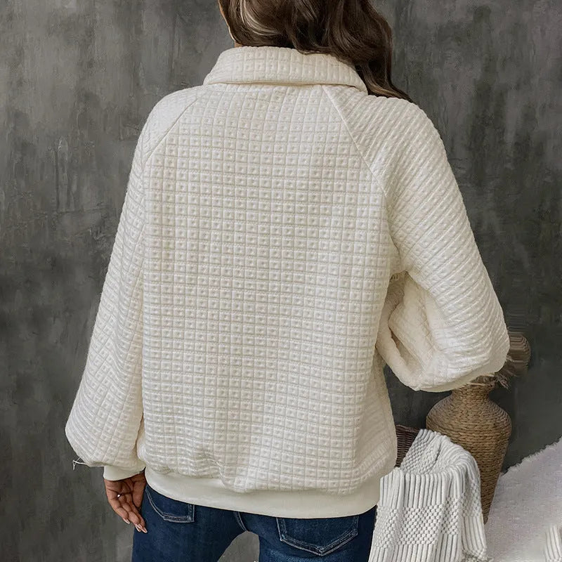 Women's milky white beige polo collar sweater with long sleeves, made from thickened polyester.