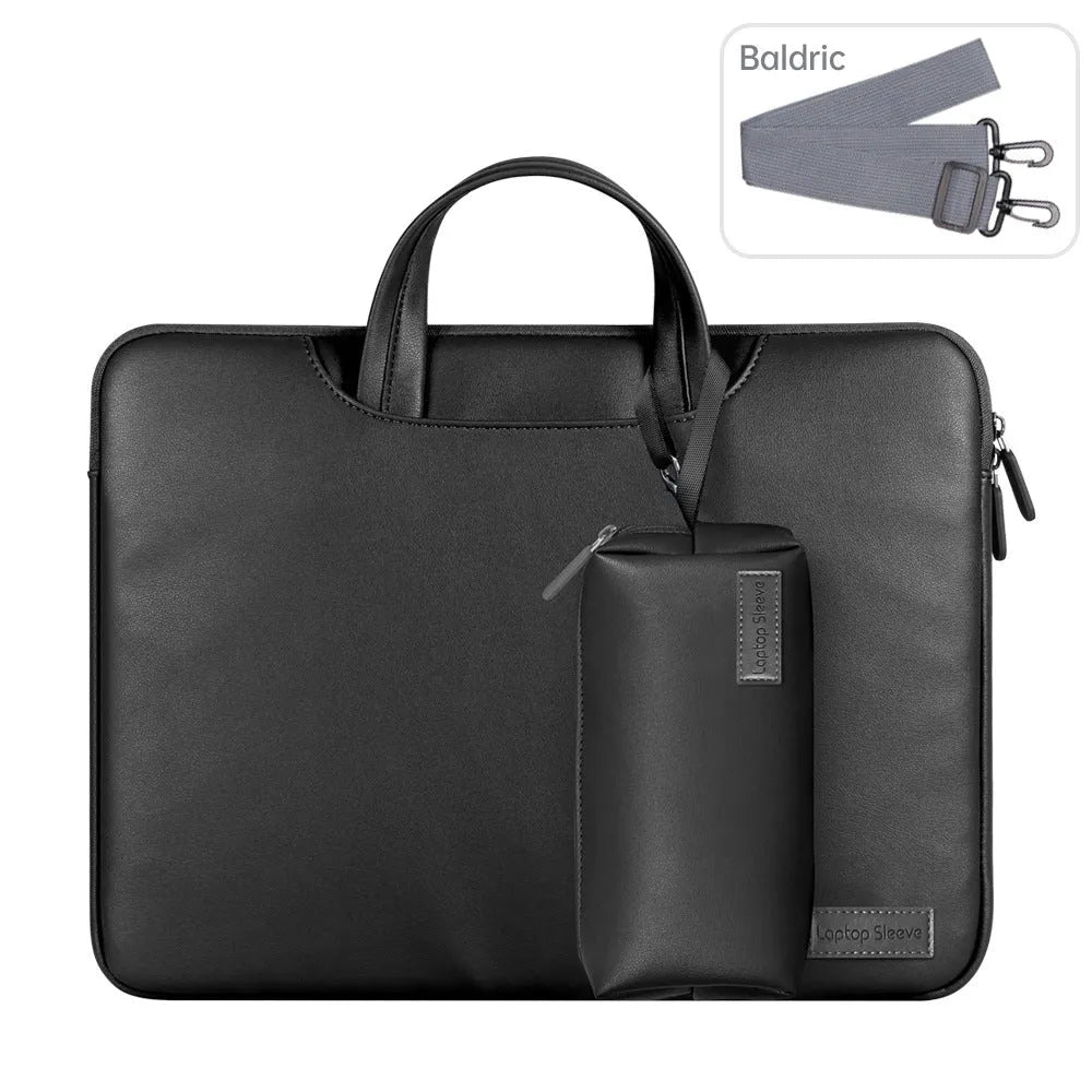 Shockproof waterproof PU laptop bag in black with shoulder strap and accessory bag for 15.6 inch laptop