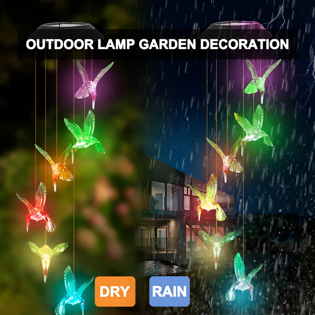 Solar-powered wind chime garden lamp with LED lights and decorative hummingbird design