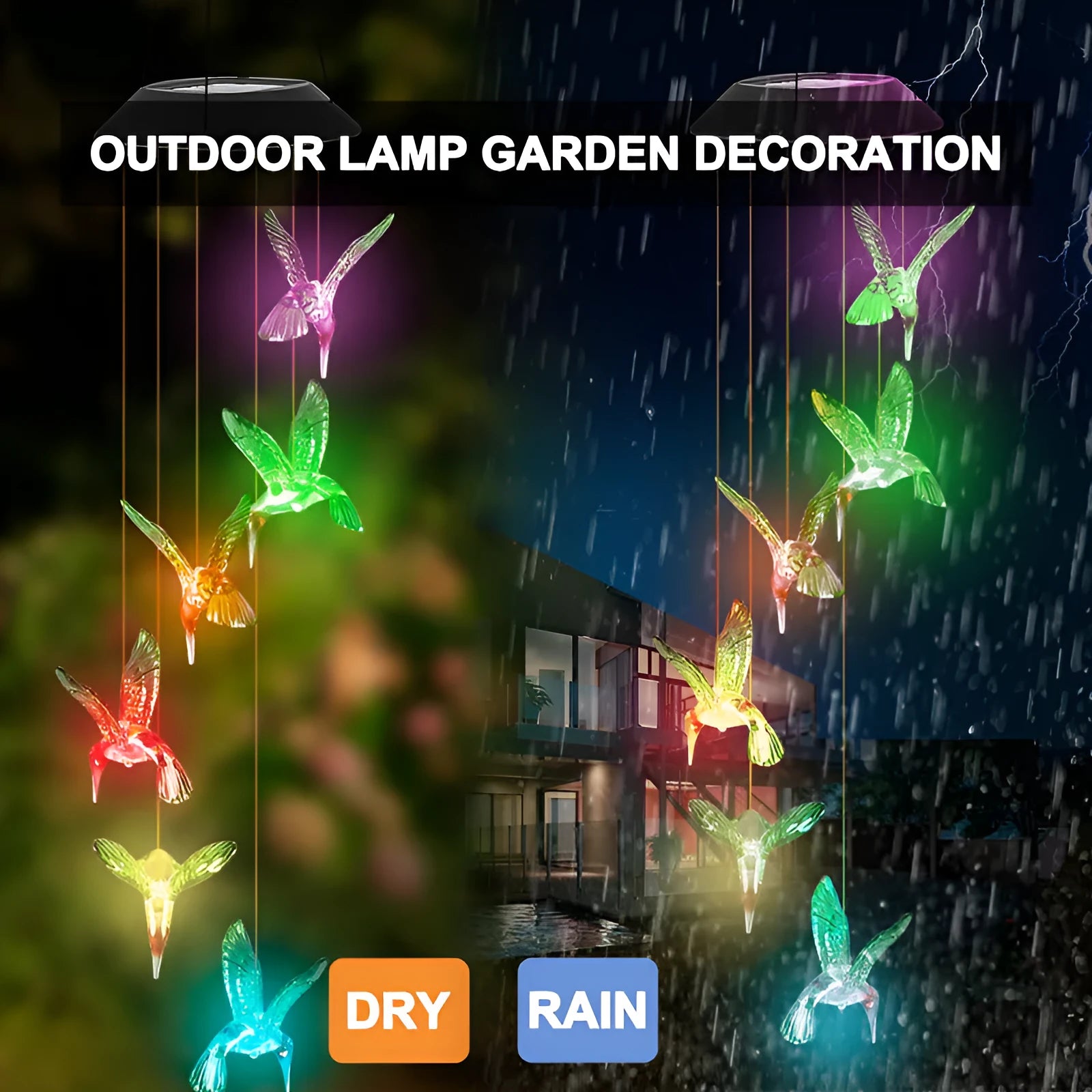 Solar-powered wind chime garden lamp with LED lights and decorative hummingbird design