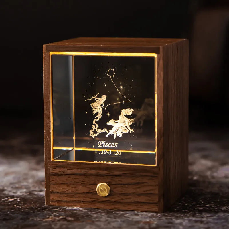Crystal LED table lamp with black walnut base and K9 crystal showing constellation night light effect