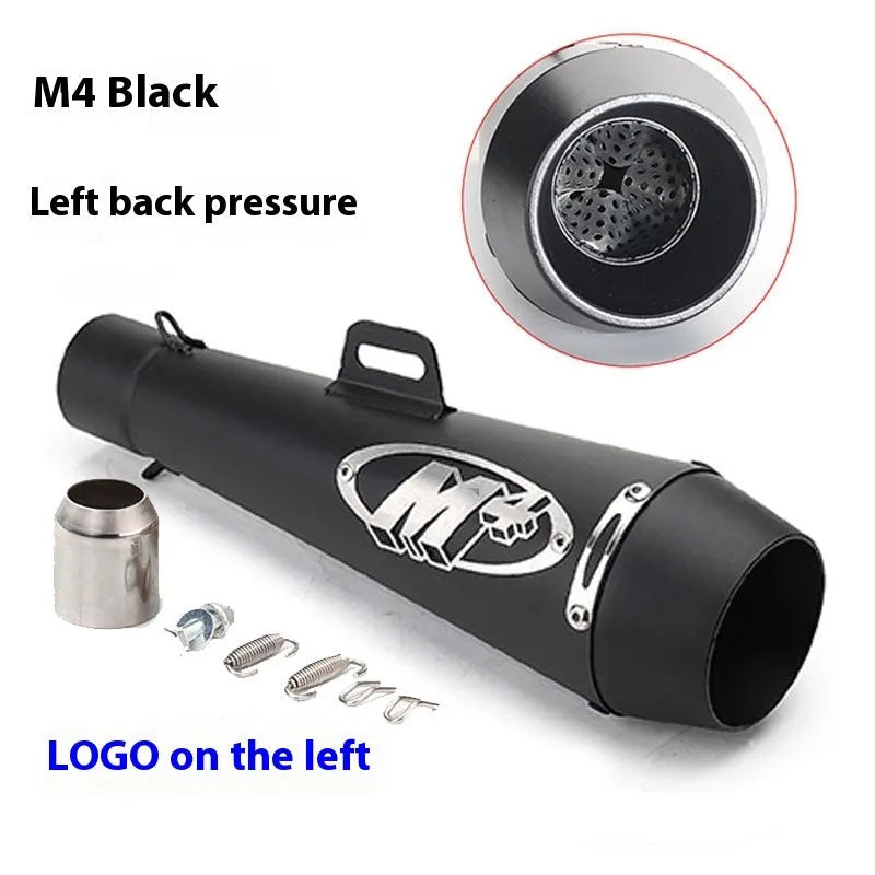 Universal M4 motorcycle exhaust pipe in multiple finish options including black, white steel, titanium and blue