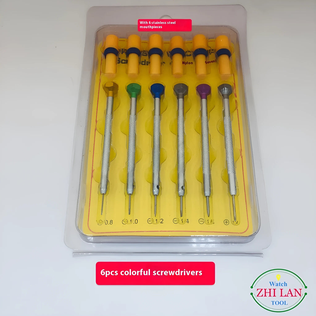 Six colour-coded aluminium handle screwdrivers and a meter repair tool for watchmaking and electronics.
