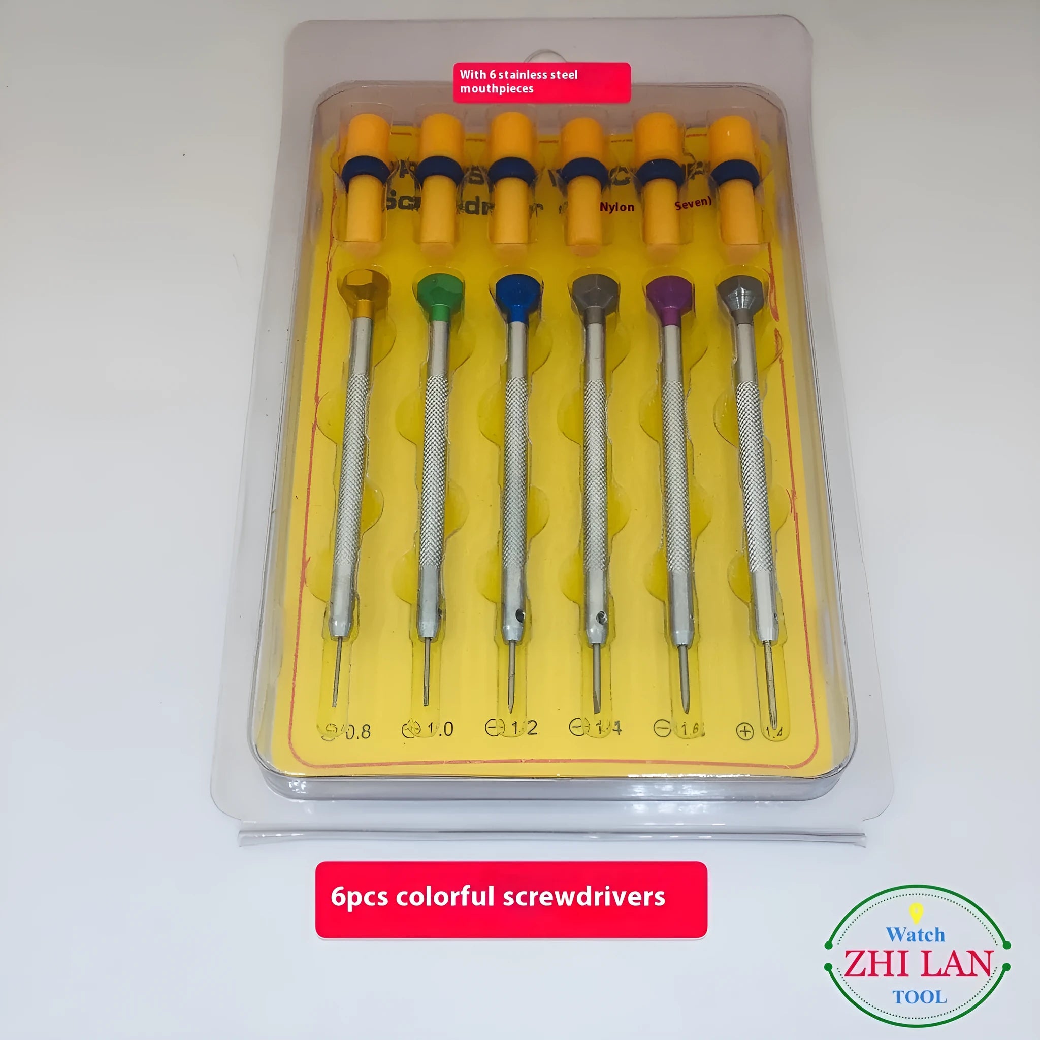 Six colour-coded aluminium handle screwdrivers and a meter repair tool for watchmaking and electronics.