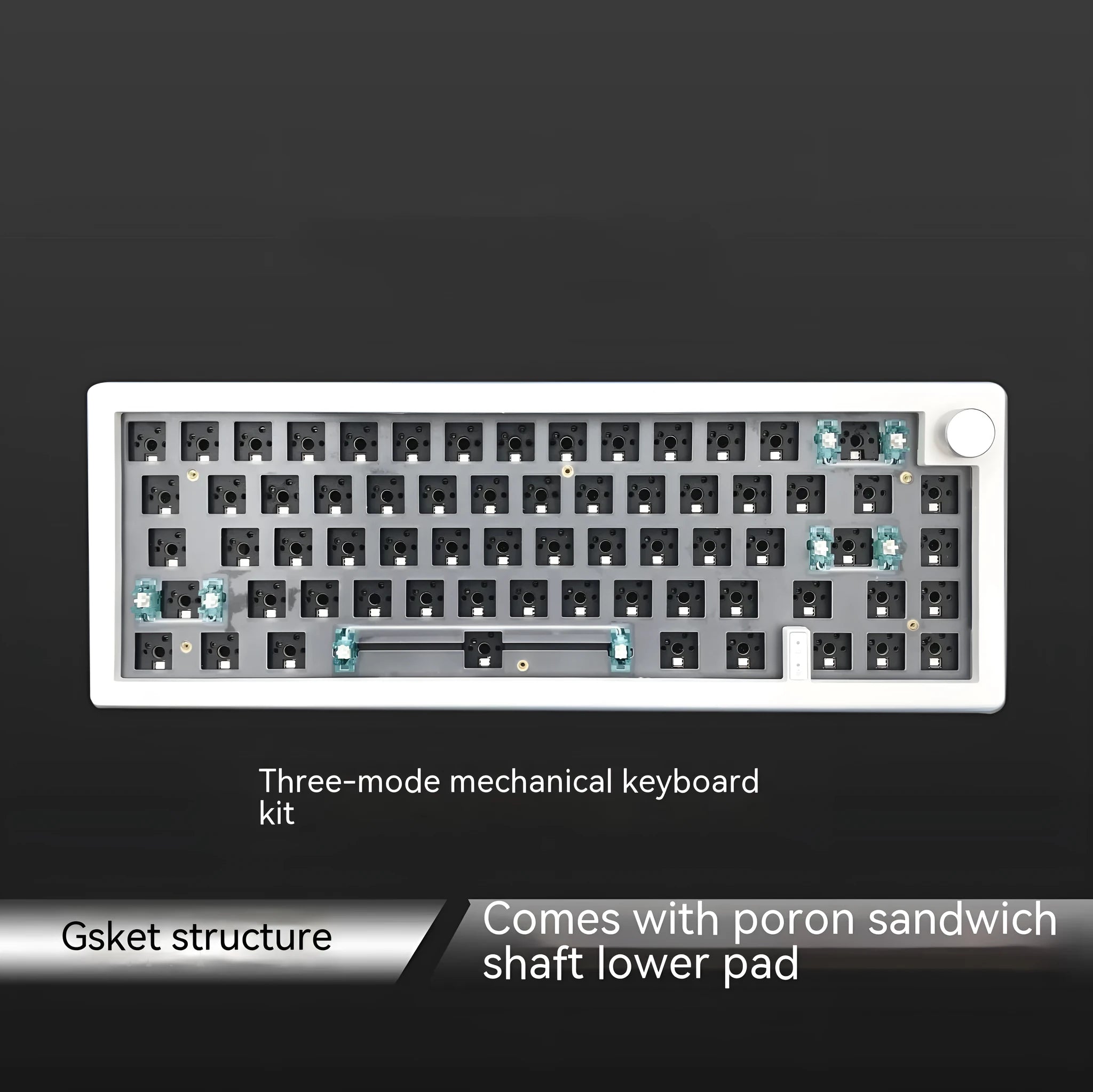 DIY mechanical keyboard kit parts with RGB backlighting, knob, and choice of black, white, blue, pink, purple, red, or green ABS case.