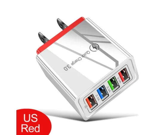 Four-port USB wall charger plug in multiple colours with European or British plug options