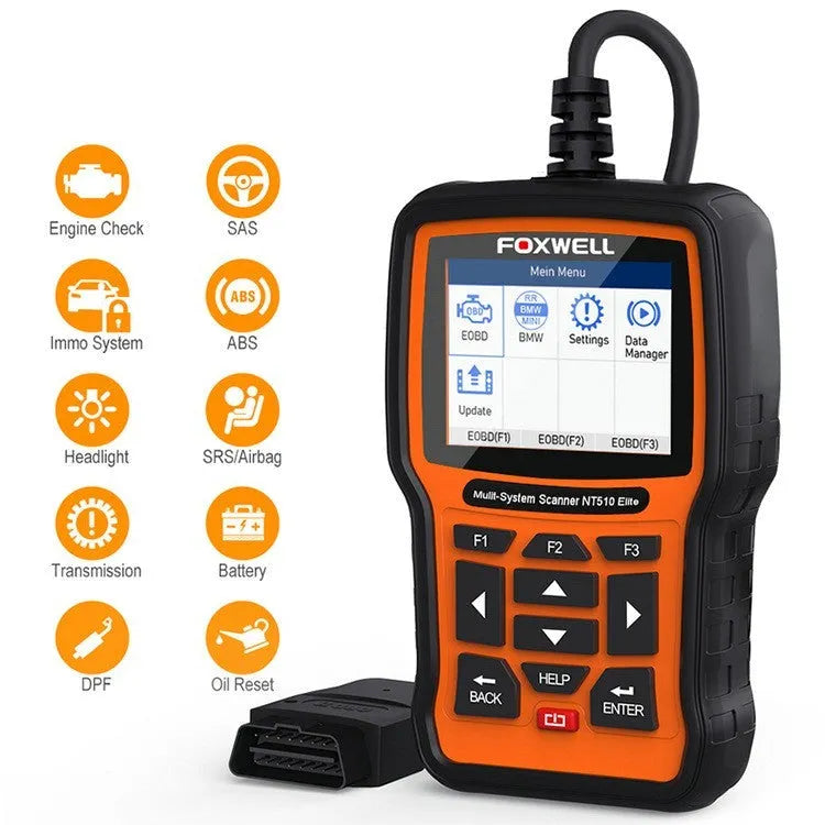 Foxwell NT510 orange black automotive diagnostic tool with OBD2 scanner and reset functions