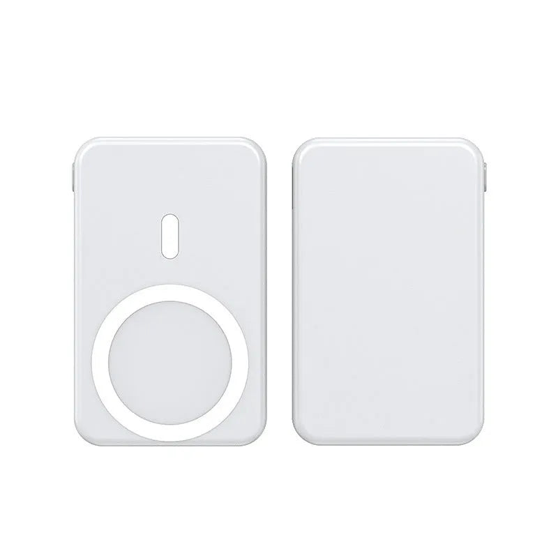 Magnetic wireless charging power bank with folding stand unfolded, shown in navy blue colour.