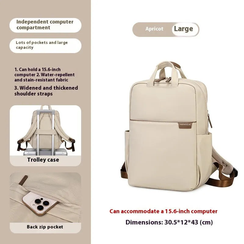 Large nylon women's travel backpack in apricot colour showing internal laptop compartment and multiple pockets.