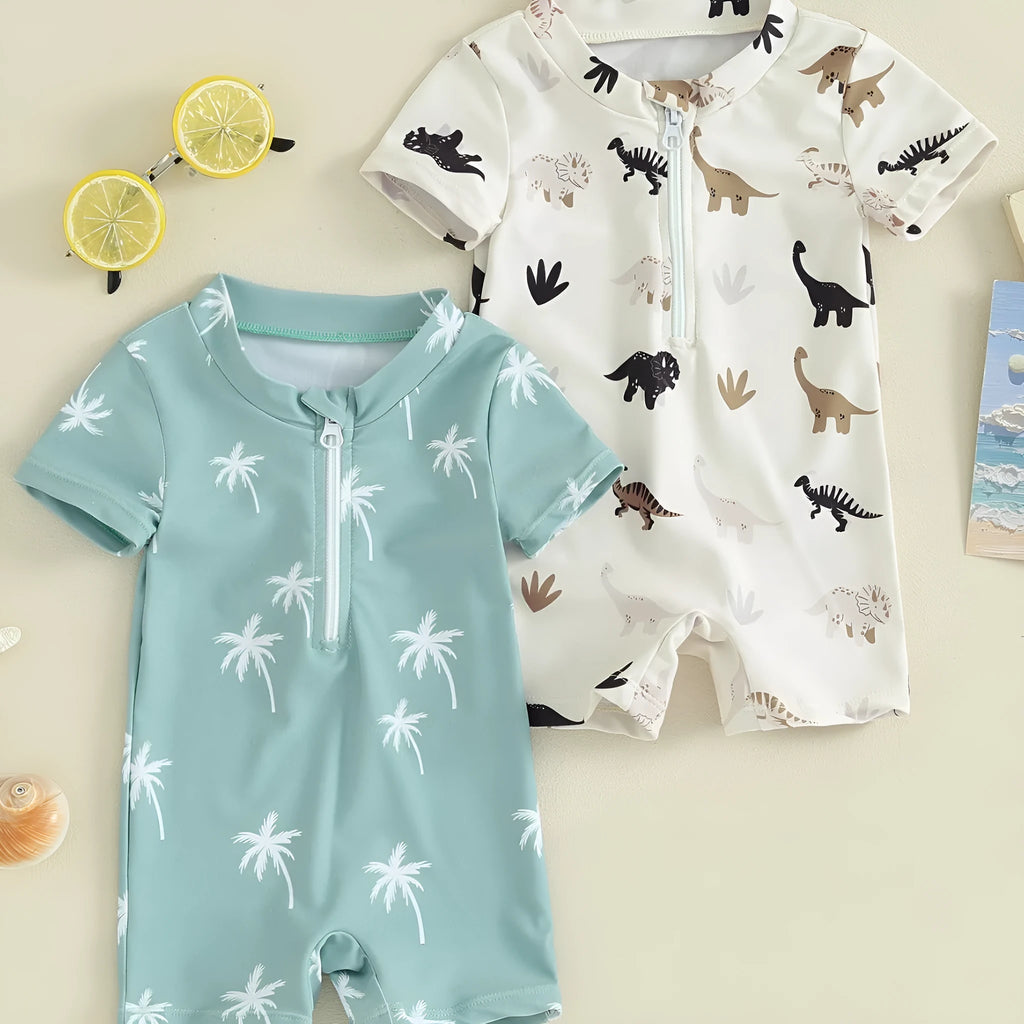 Children's coconut tree printed polyester swimsuit in peacock green and white, suitable for beach and pool