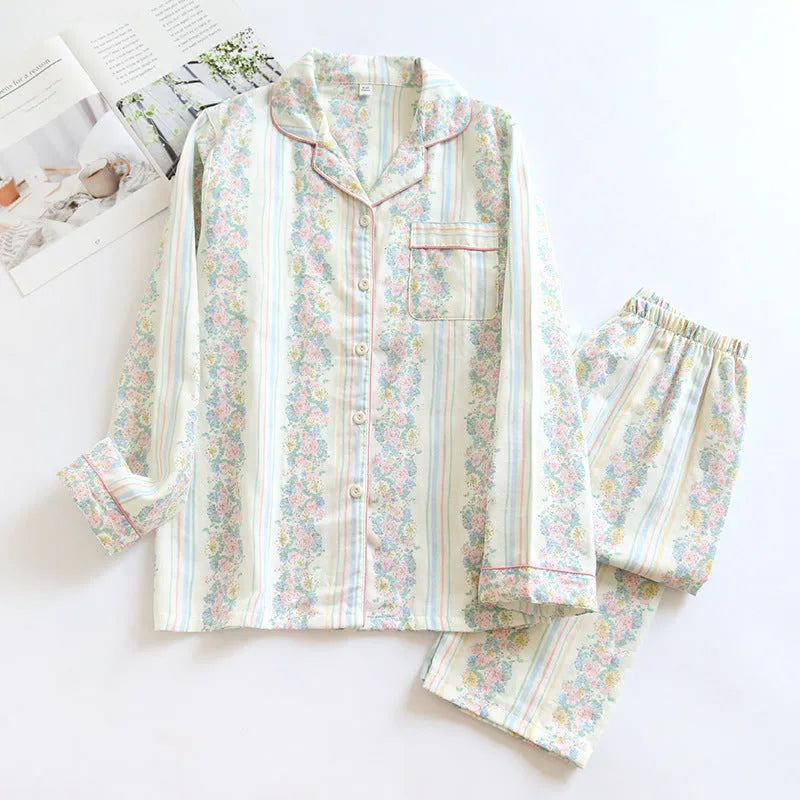 Japanese sweet ladies' cotton gauze homewear set with long sleeves and trousers in striped or fruit print