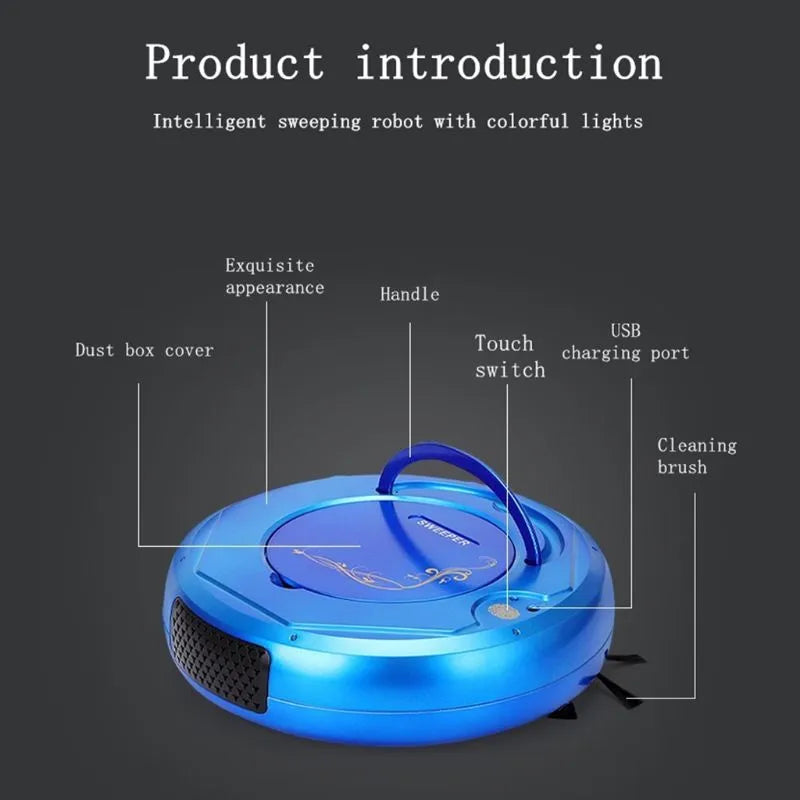 Floor sweeping robot vacuum cleaner in black, blue, or white colour options