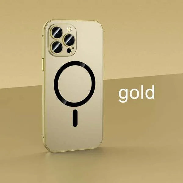 Aluminium alloy and PC magnetic iPhone case with lens protector for iPhone 12, 13, 14 models in black, blue, gold, purple, silver.