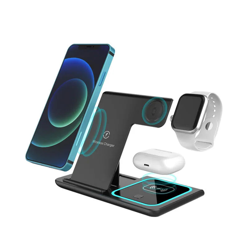 Three-in-one wireless charger folding stand in space black with phone, watch, and headset charging areas visible